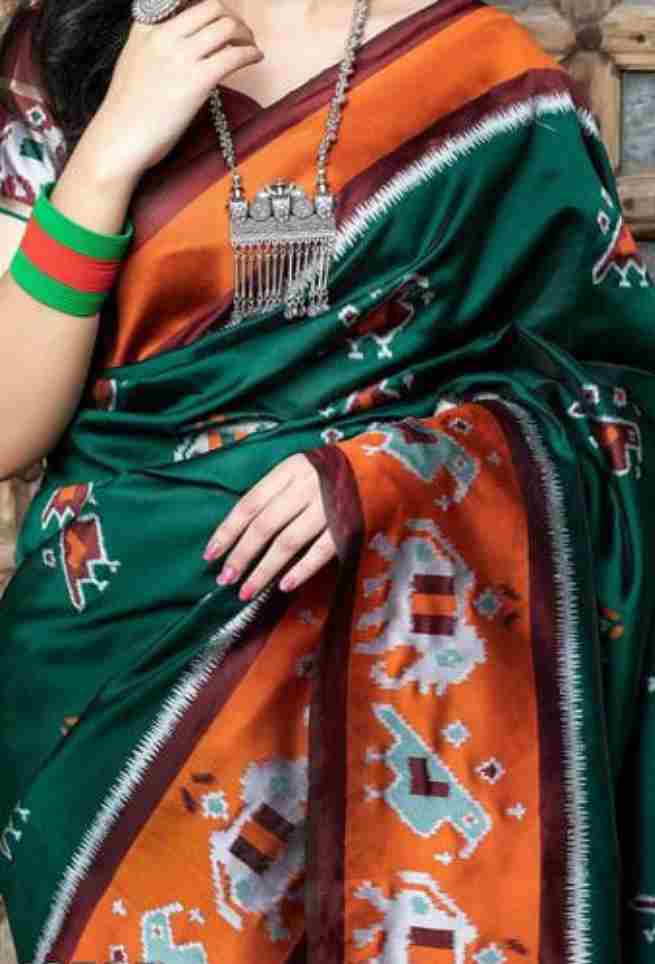 Timber Green Ikkat Bridal Pochampally Banarasi Silk Paithani Party wear Saree