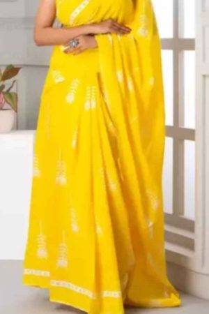 Yellow Jaipuri Hand Printed Floral Mulmul Cotton Saree