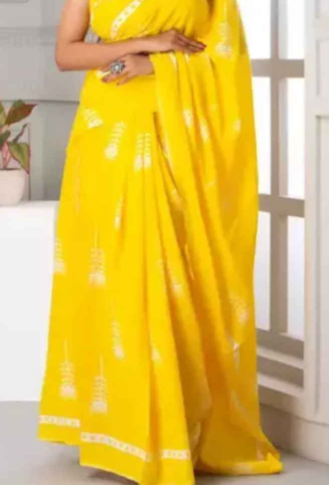 Yellow Jaipuri Hand Printed Floral Mulmul Cotton Saree | trendwati