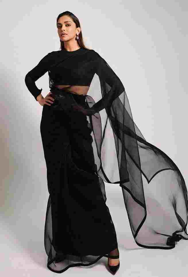 Buy Elegant Deepika Padukone Thunder Black Organza Saree