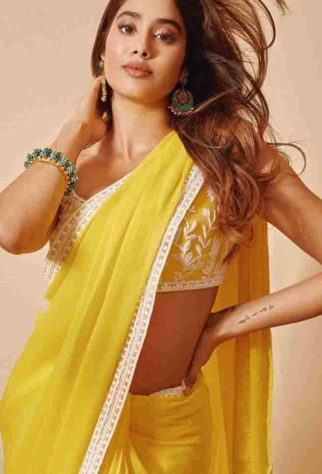 Janhvi Kapoor Yellow Embroidered Georgette Party wear Saree