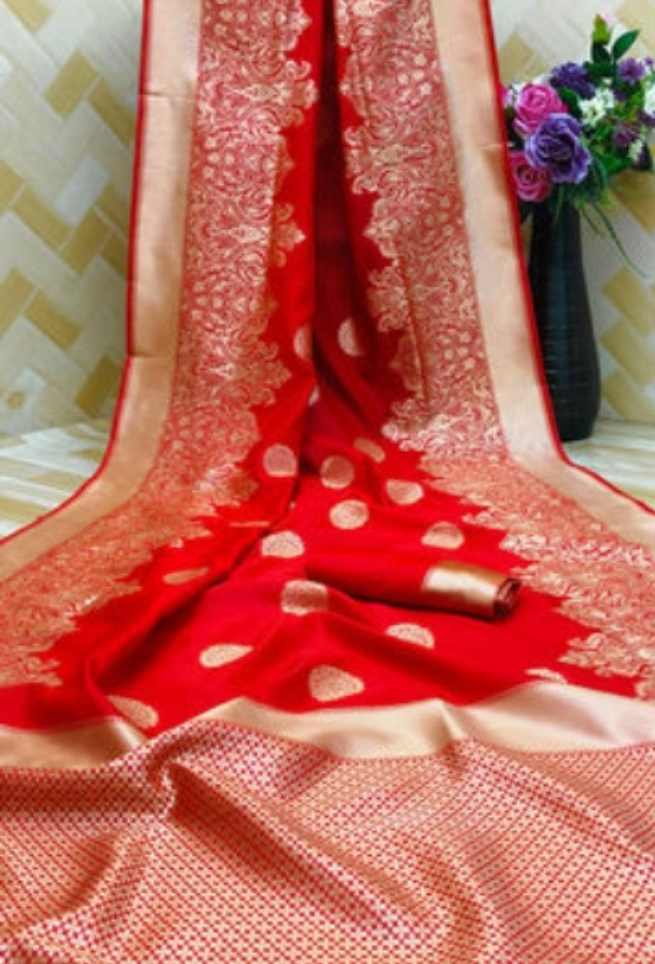 Medium Carmine Red Bridal Floral Banarasi Silk Saree with Golden Zari Border