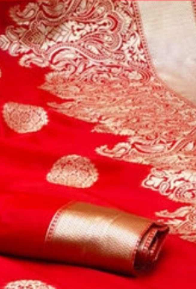 Medium Carmine Red Bridal Floral Banarasi Silk Saree with Golden Zari Border