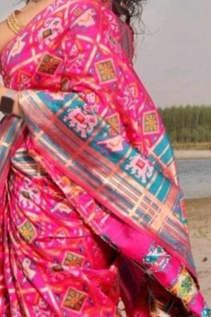 Pink Pochampally Ikkat Cotton Saree with Muniya Design Blue Border