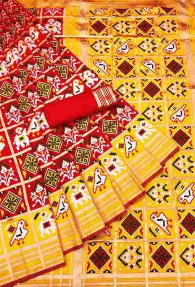 Red Pochampally Ikkat Muniya Pattu Mulmul Cotton Saree with Yellow Border