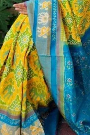 Yellow Pochampally Ikkat Cotton Saree with Blue Border