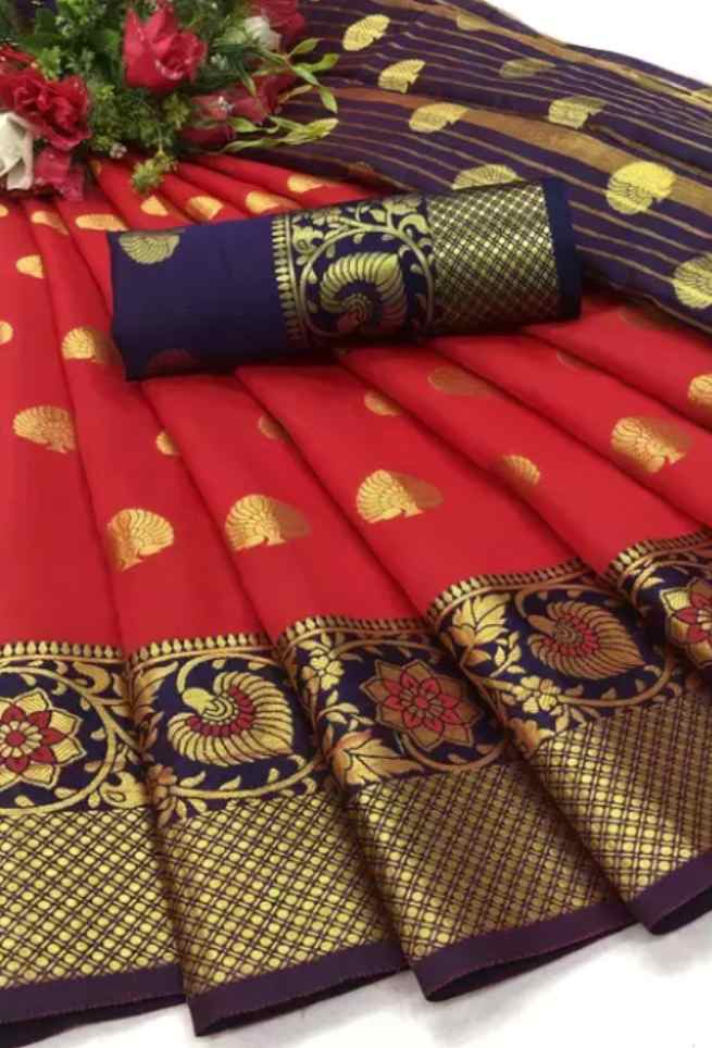 Buy Red Bridal Floral Silk Saree Blue Border Golden Zari Work Online