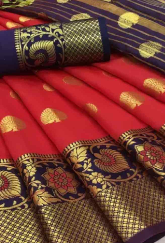 Buy Red Bridal Floral Silk Saree Blue Border Golden Zari Work Online