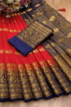Buy Red Bridal Peacock Silk Saree Blue Border Golden Zari Work Online