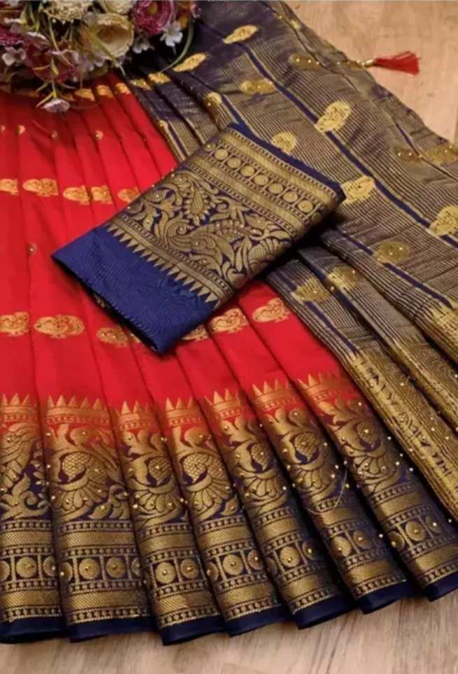 Buy Red Bridal Peacock Silk Saree Blue Border Golden Zari Work Online
