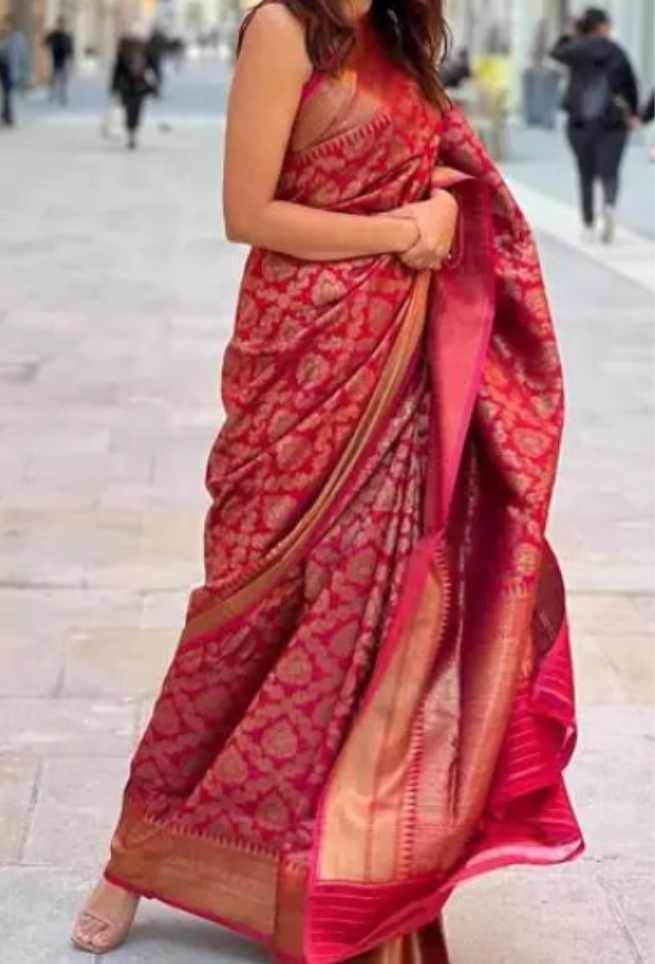 Red Bridal Floral Banarasi Silk Saree