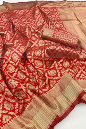 Red Bridal Floral Banarasi Silk Saree