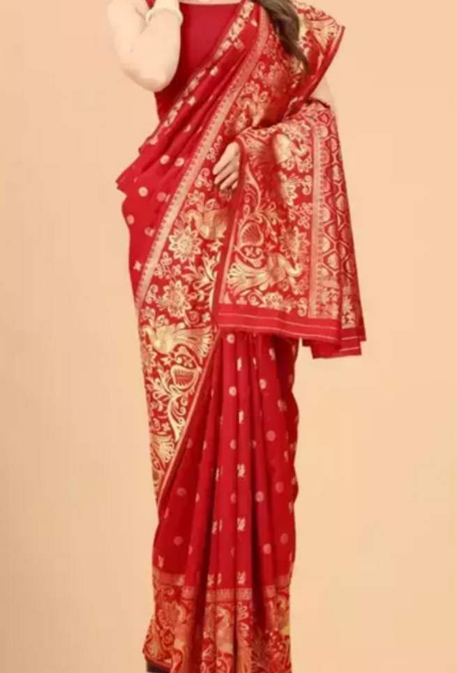 Buy Red Bridal Peacock Floral Silk Saree Golden Zari Work Border Online