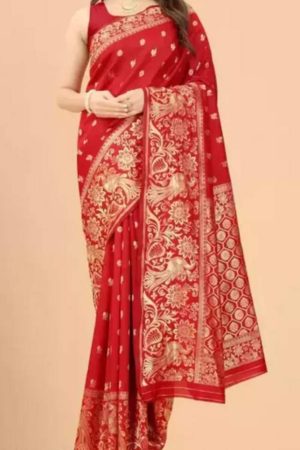 Buy Red Bridal Peacock Floral Silk Saree Golden Zari Work Border Online