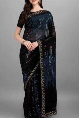 Buy Black Georgette Saree Sequence Embroidery Work Online