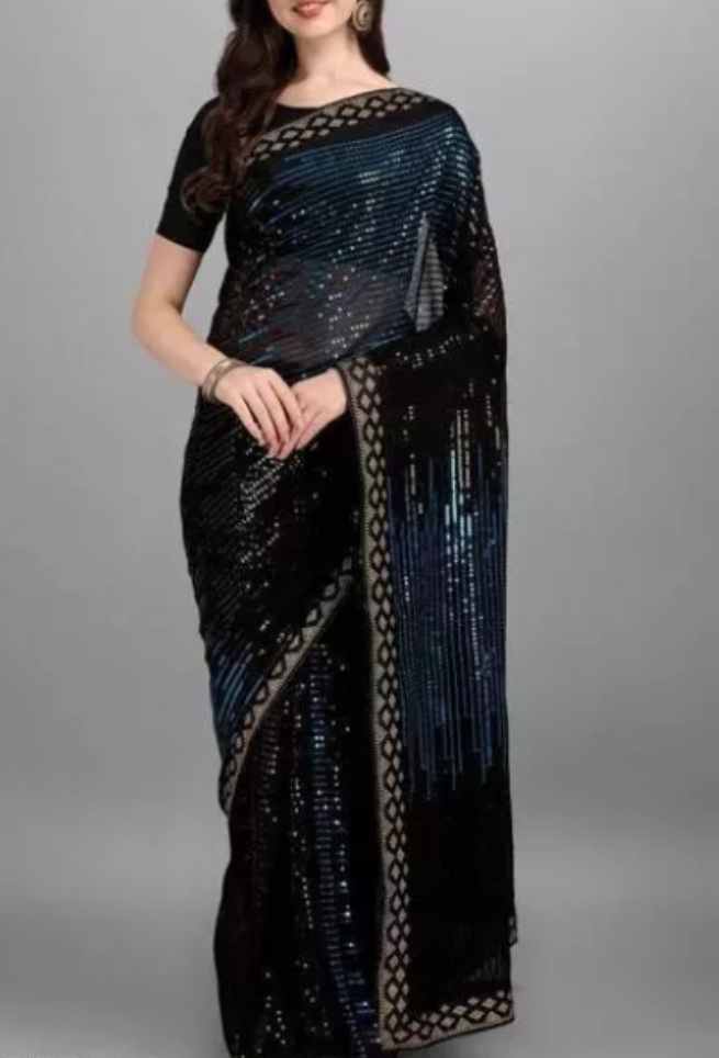 Buy Black Georgette Saree Sequence Embroidery Work Online