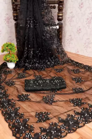 Buy Black Net Saree Floral Diamond Embroidered Work Online