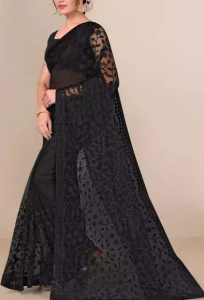 Buy Black Net Saree Floral Embroidered Border Online