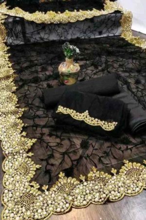 Buy Black Net Saree Floral Gold Embroidered Border Online