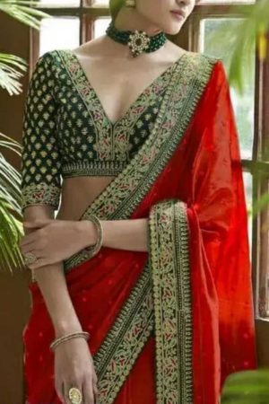 Buy Bridal Red Silk Saree Floral Embroidery Work Online