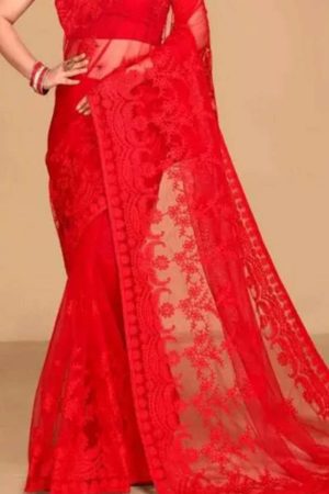 Buy Cherry Red Net Saree Floral Embroidered Online