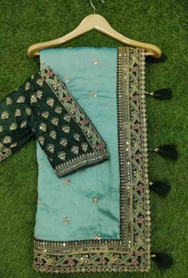 Buy Cyan Silk Saree Floral Embroidery Work Online
