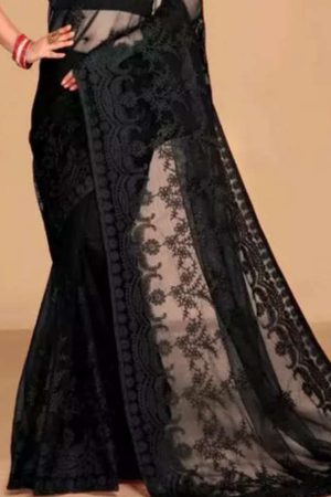 Buy Dark Black Net Saree Floral Embroidered Online