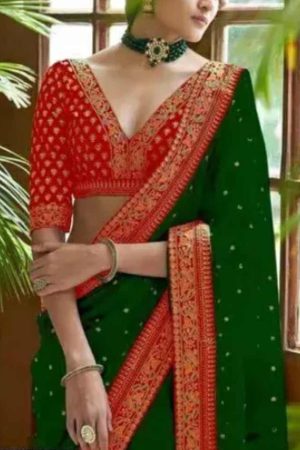 Buy Dark Green Silk Saree Floral Embroidery Work Online