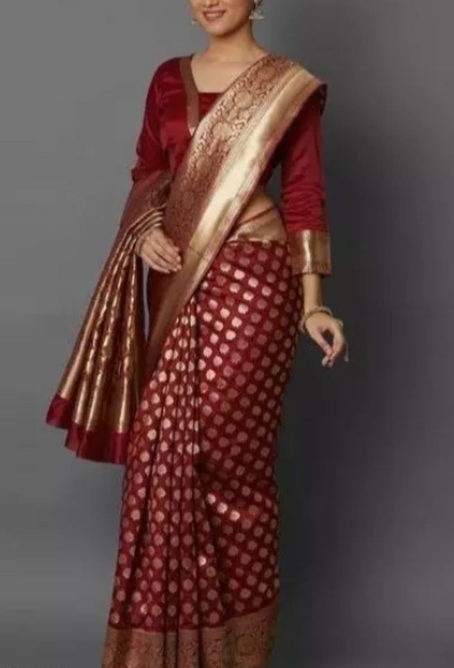 Dark Red Designer Gorgeous Look Zari Butta Woven Satin Silk Saree – Ranjvani