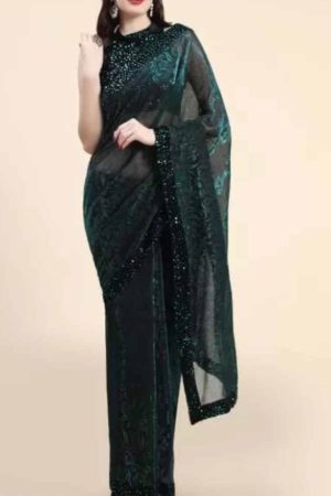 Buy Green Lycra Saree Sequence Floral Work Online