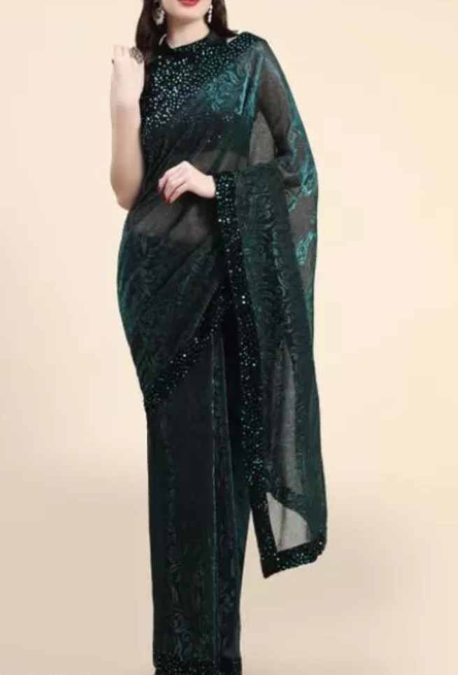 Buy Green Lycra Saree Sequence Floral Work Online