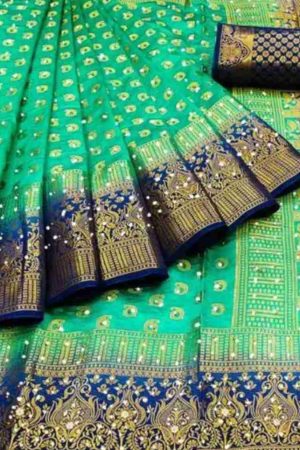 Buy Green Silk Saree Blue Diamond Embroidery Work Border Online