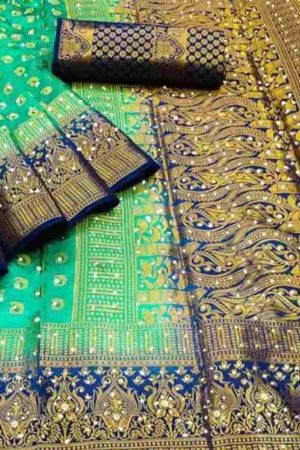 Buy Green Silk Saree Blue Diamond Embroidery Work Border Online
