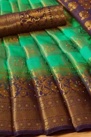 Buy Green Silk Saree Golden Peacock Embroidery Work Purple Border Online