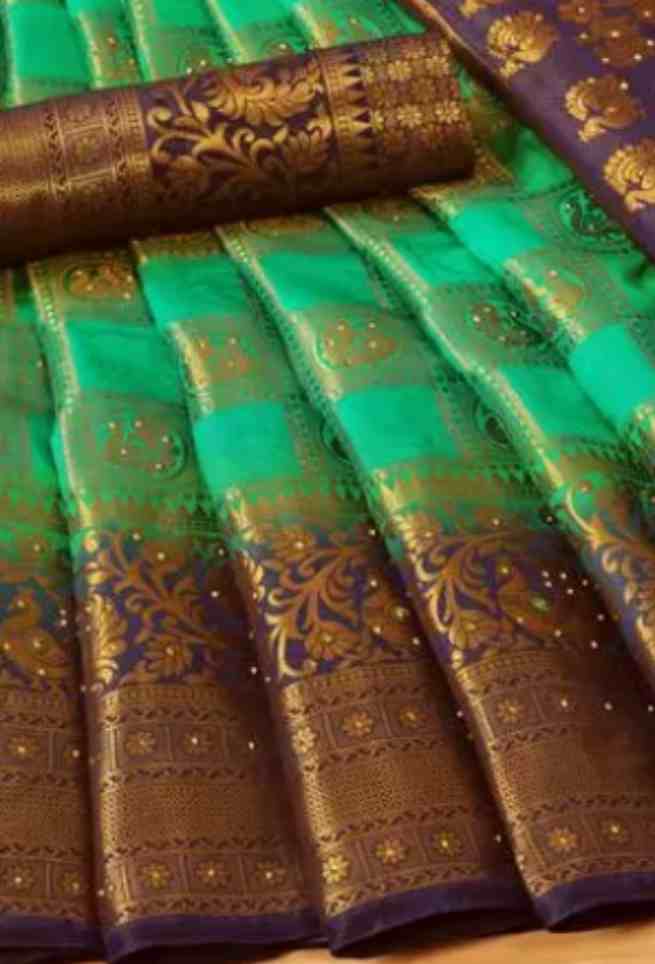 Buy Green Silk Saree Golden Peacock Embroidery Work Purple Border Online