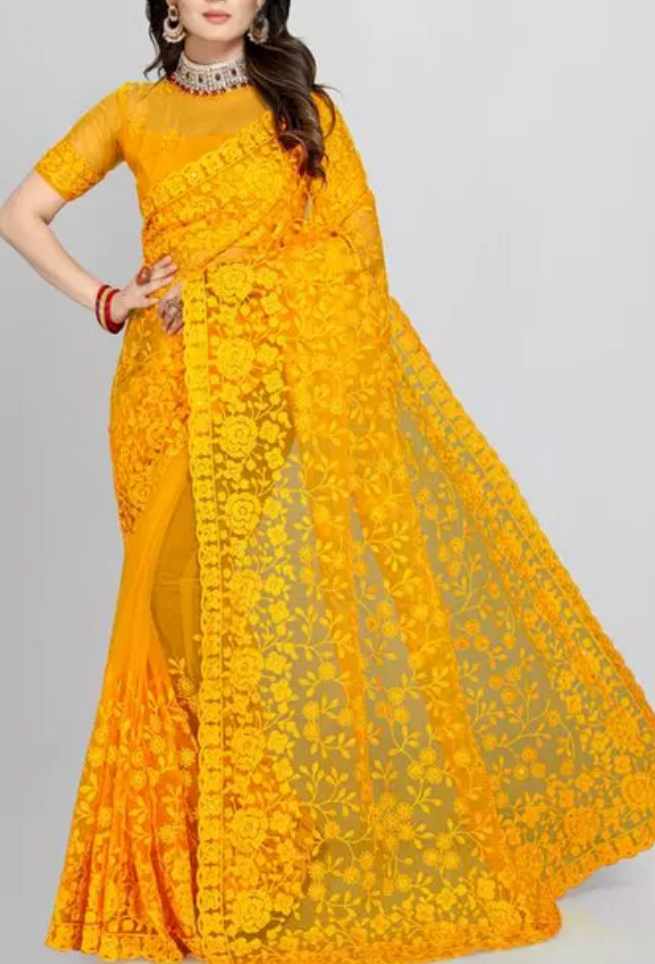 Buy Lemon Yellow Net Saree Floral Embroidered Work Online