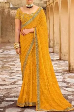 Buy Mustard Yellow Georgette Saree Embroidered Border Online