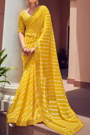 Buy Mustard Yellow Georgette Saree Lehariya Zari Work Golden Border Online