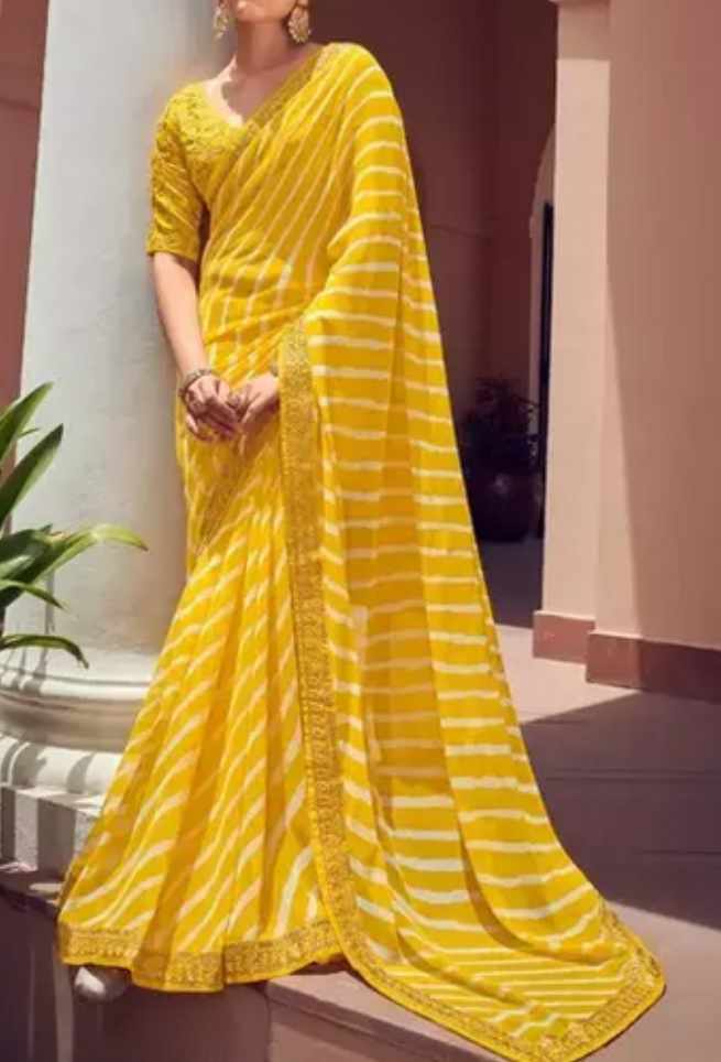 Buy Mustard Yellow Georgette Saree Lehariya Zari Work Golden Border Online