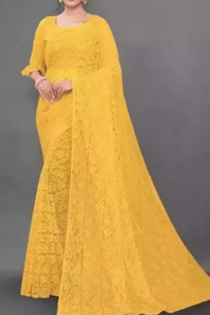 Buy Mustard Yellow Net Saree Floral Embroidered Work Online