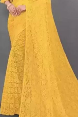 Buy Mustard Yellow Net Saree Floral Embroidered Work Online