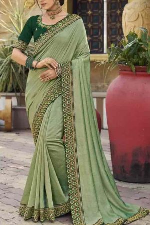Buy Pista Green Silk Saree Floral Embroidered Border Online