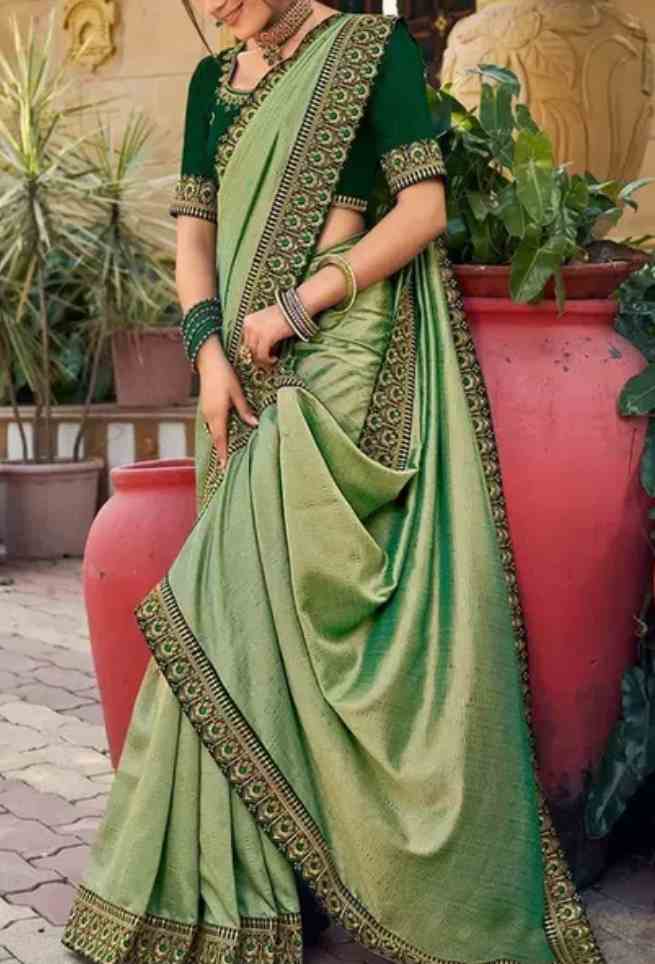 Buy Pista Green Silk Saree Floral Embroidered Border Online