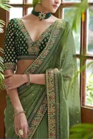 Buy Pista Green Silk Saree Floral Embroidery Work Online