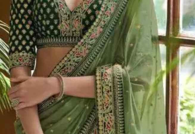 Buy Pista Green Silk Saree Floral Embroidery Work Online