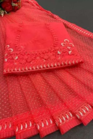 Buy Red Net Saree Diamond Floral Butta Embroidered Online