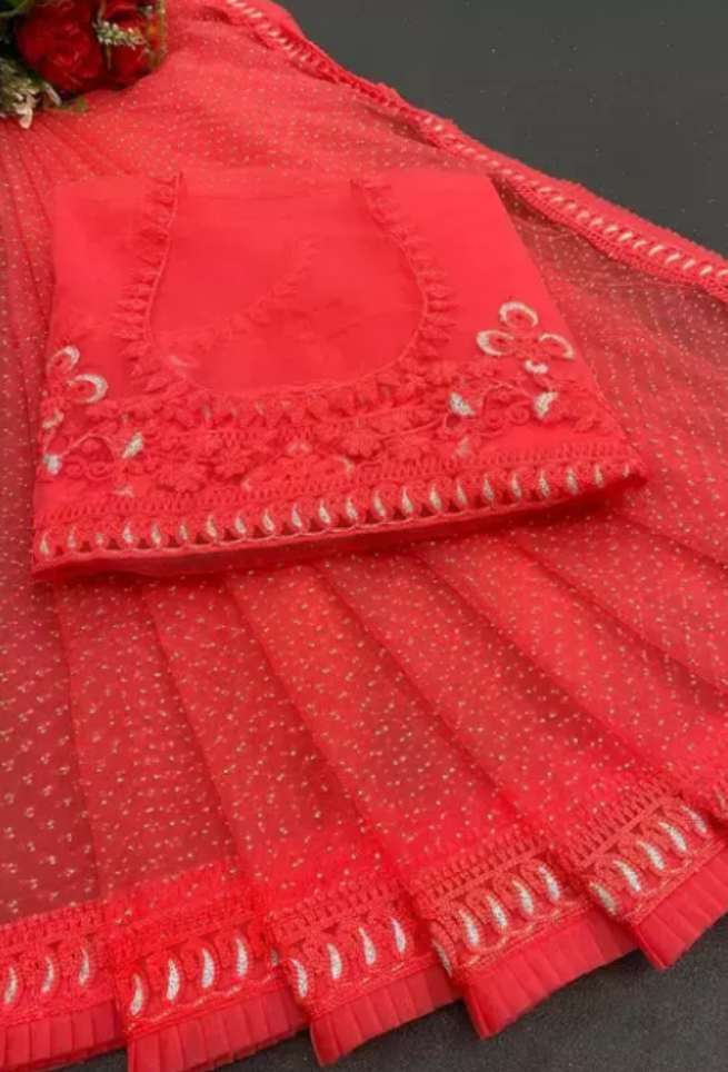 Buy Red Net Saree Diamond Floral Butta Embroidered Online