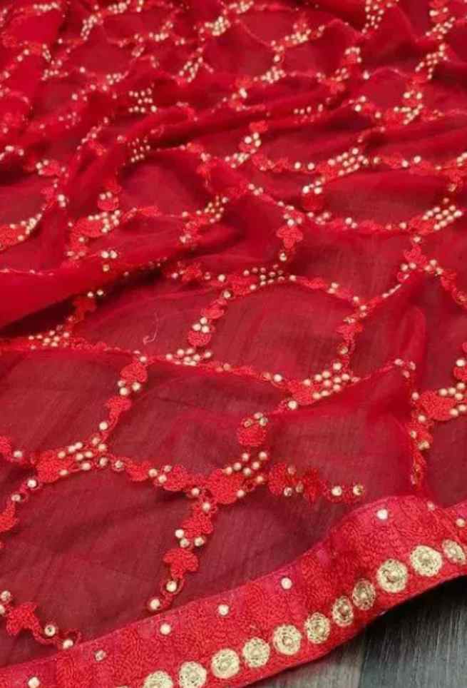Buy Red Net Saree Floral Diamond Embroidered Border Online