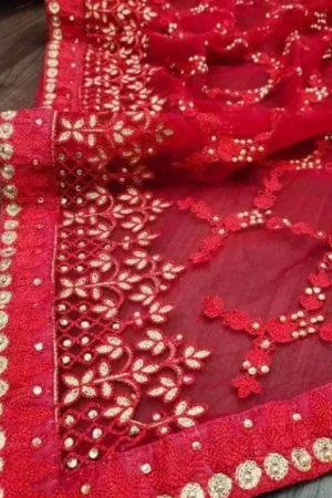 Buy Red Net Saree Floral Diamond Embroidered Border Online
