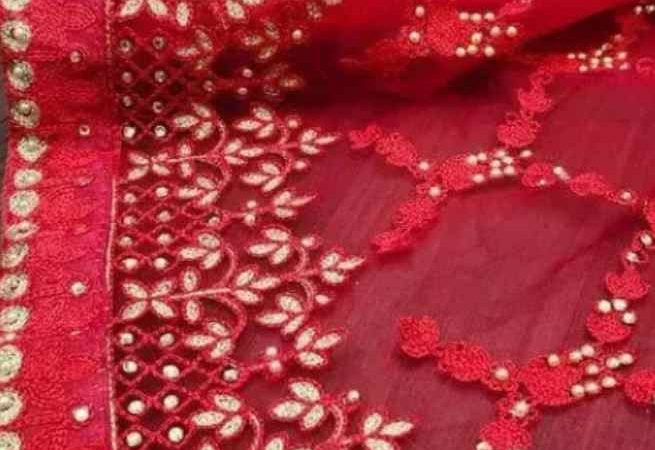 net sarees Buy Red Net Saree Floral Diamond Embroidered Border Online